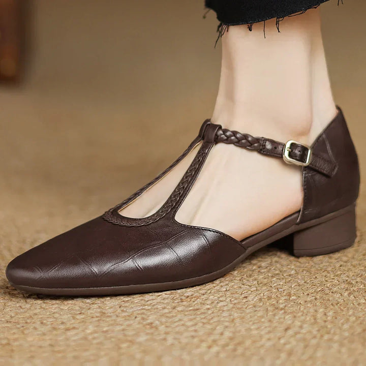 Women's Leather Braided T-Strap Sandals - Elegant Everyday Style