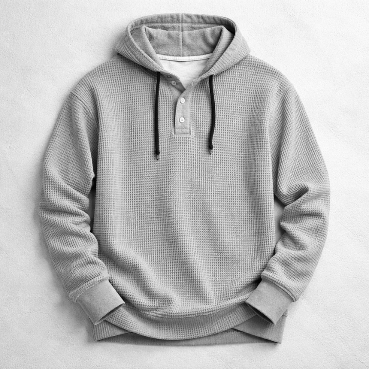Men's Waffle-Knit Henley Hoodie – Textured Cotton Hooded Top