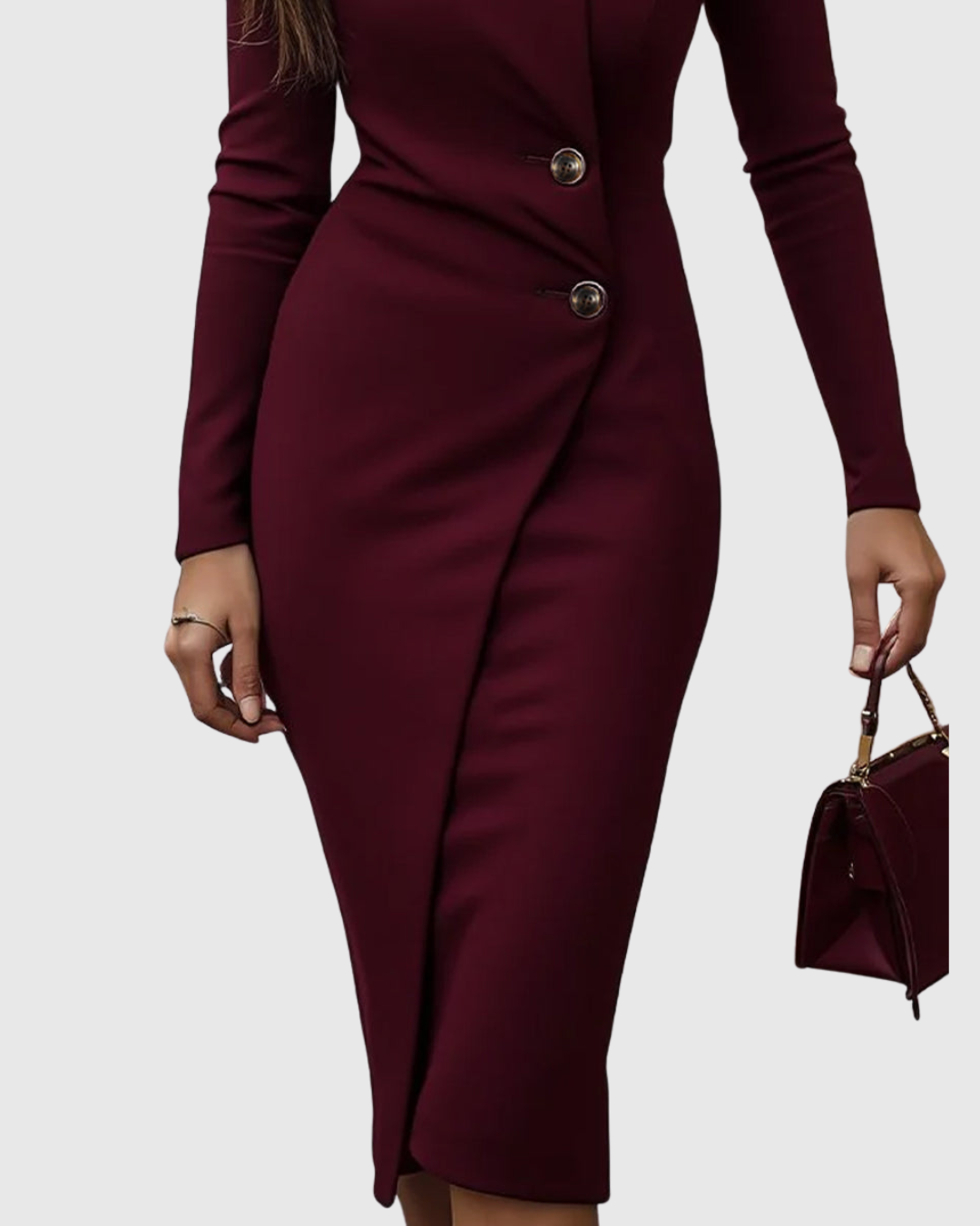 Women's Burgundy Wrap-Style Buttoned Midi Dress - Effortless