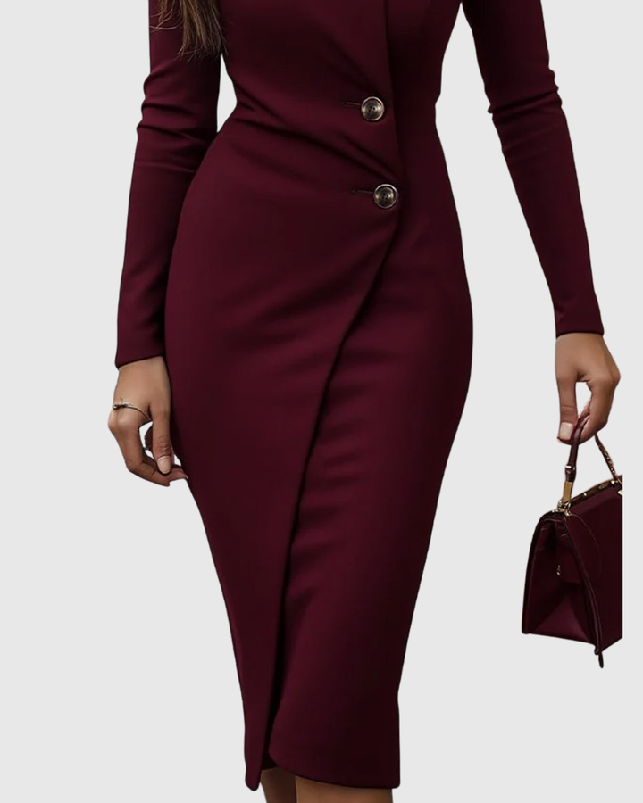 Women's Burgundy Wrap-Style Buttoned Midi Dress - Effortless