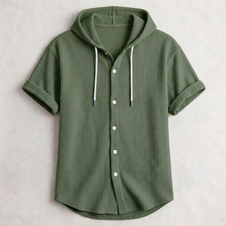 Men's Cotton Waffle Hooded Shirt – Relaxed Long-Sleeve Overshirt