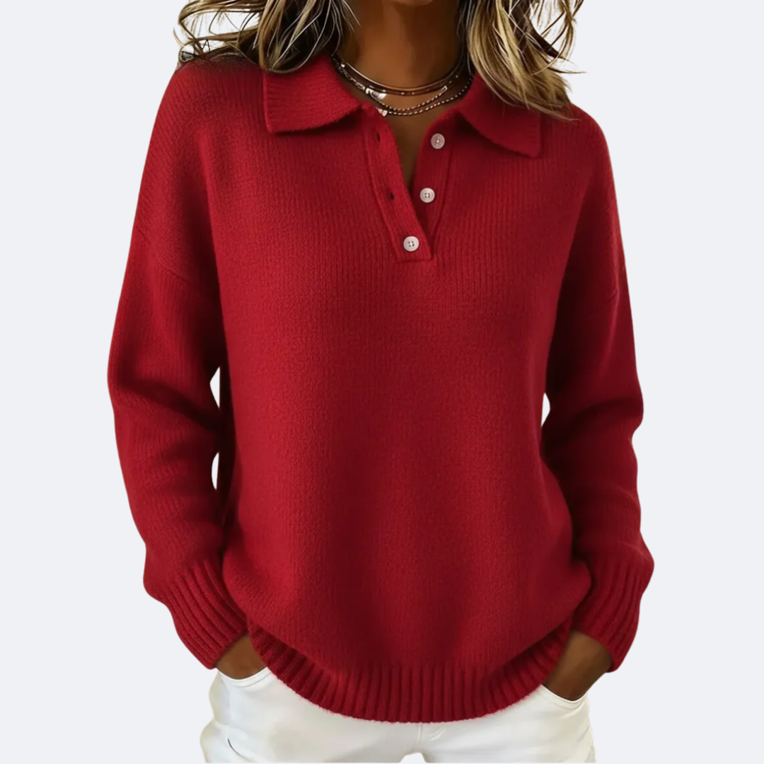 Women's Soft Knit Polo Collar Sweater - Everyday Elegance