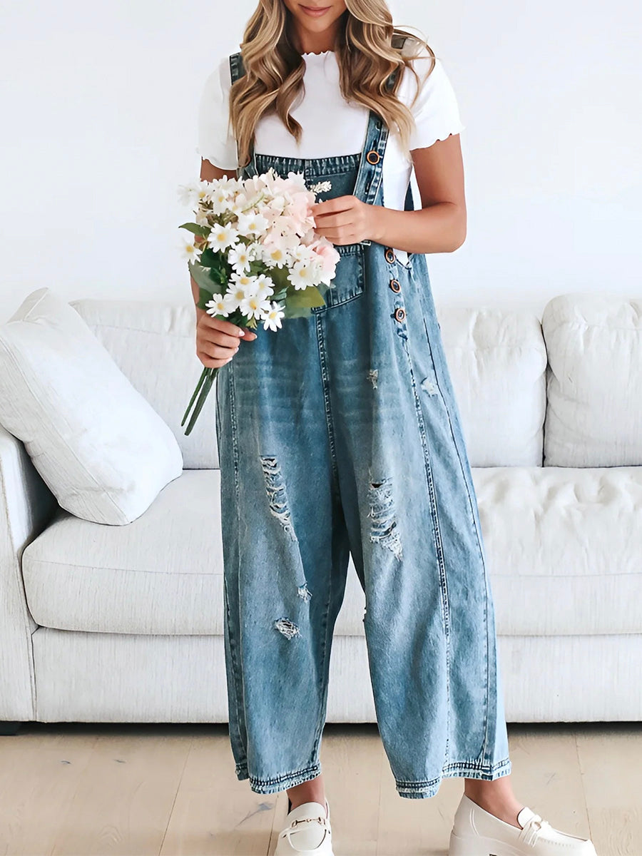 Women's Loose Fit Distressed Denim Overalls - Effortlessly Cool