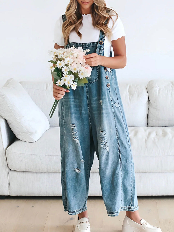 Women's Loose Fit Distressed Denim Overalls - Effortlessly Cool