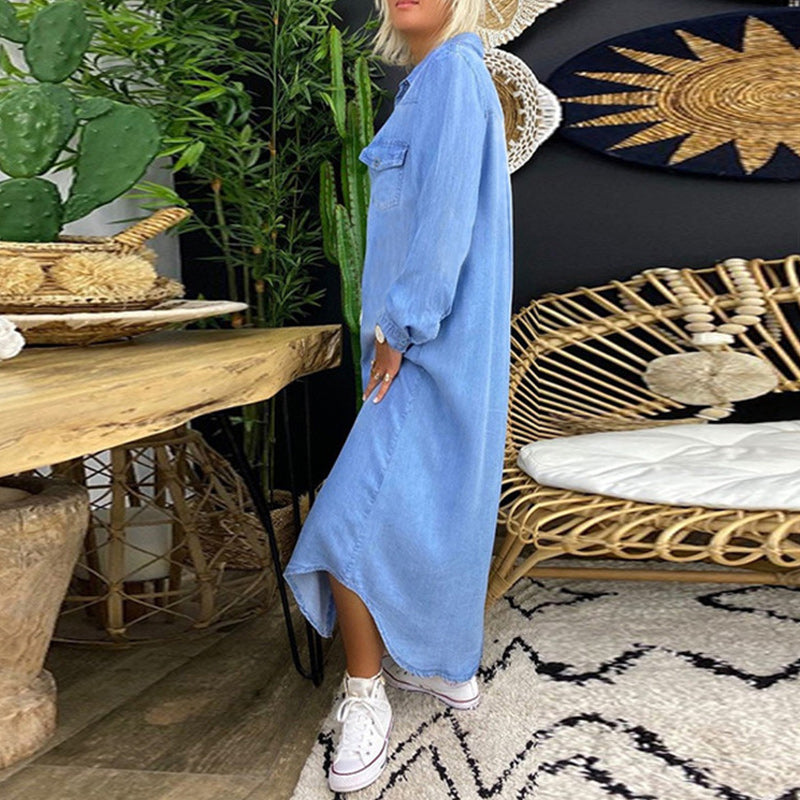Women's Tummy Covering Denim Maxi Dress - Versatile Elegance
