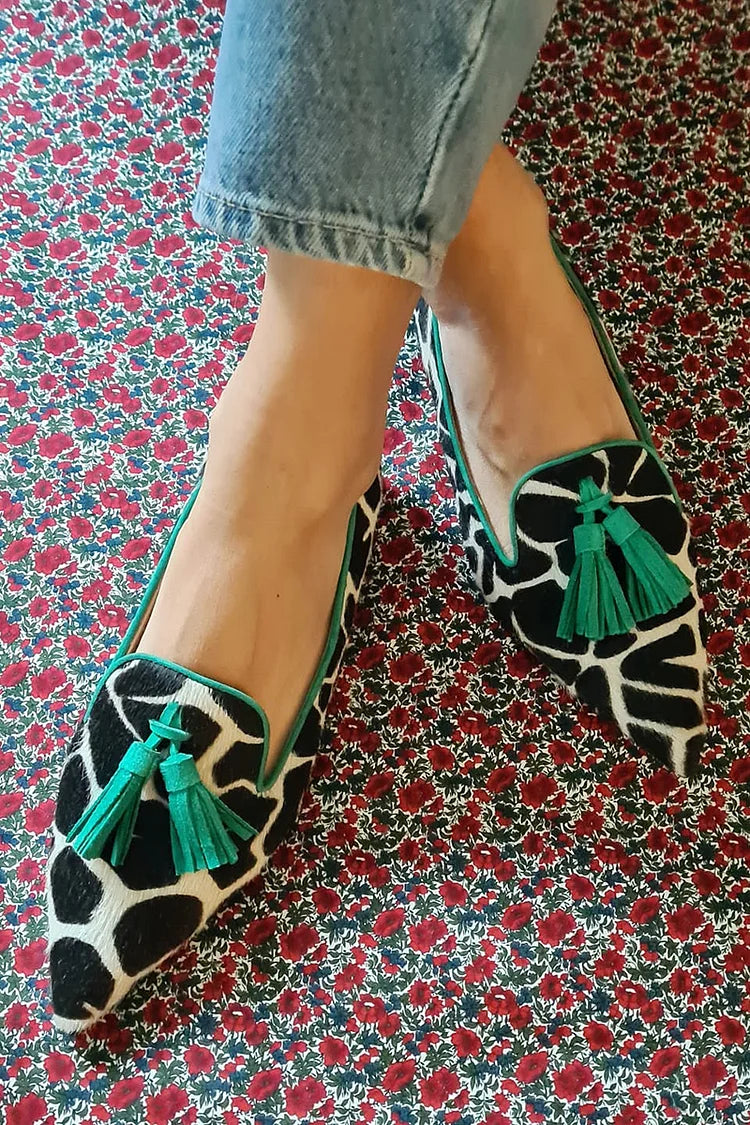 Women's Pointed Loafer with Giraffe Print and Green Fringes