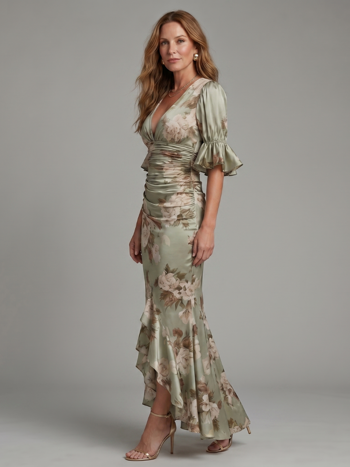 Women's Short Sleeve V Neck Ruched Waist Midi Dress