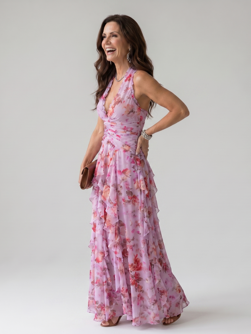 Women's Floral Halter Neck Ruched Bodice Maxi Dress