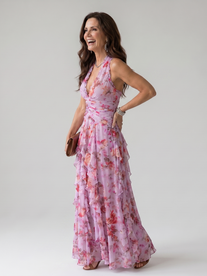 Women's Floral Halter Neck Ruched Bodice Maxi Dress