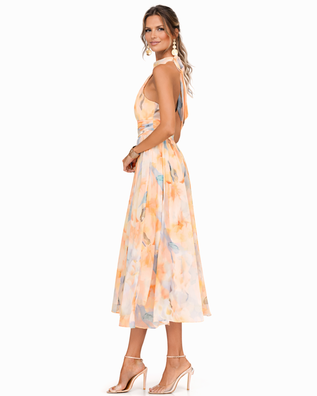 Women's Halter Neck Midi Dress with Watercolor Print