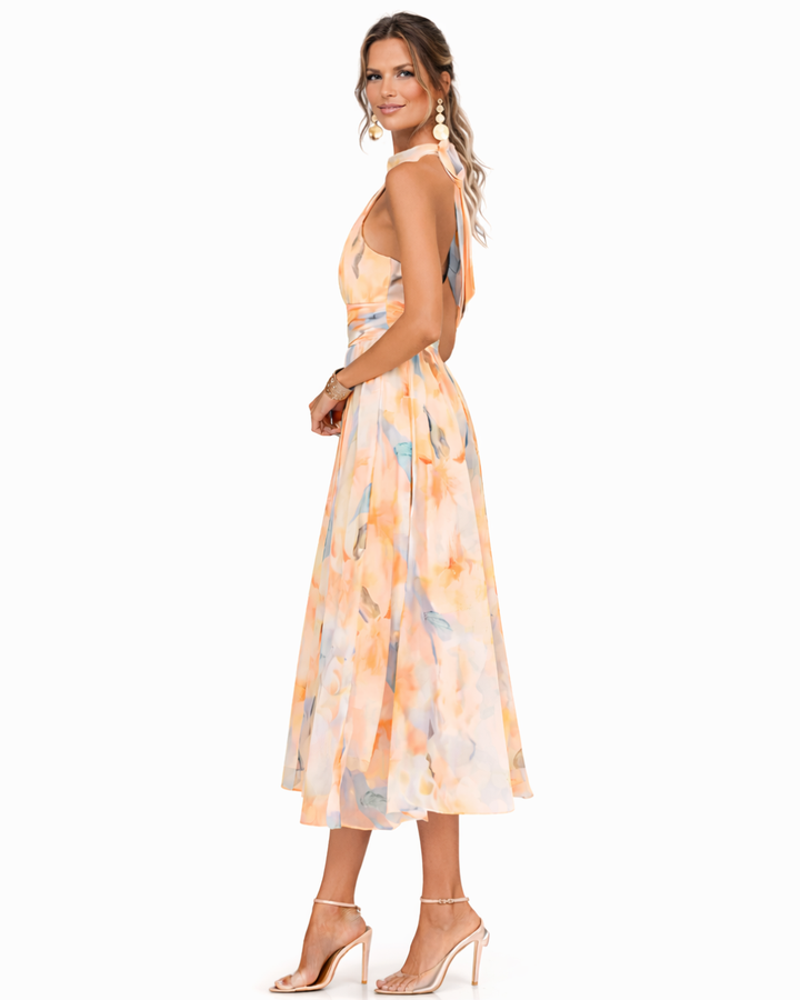 Women's Halter Neck Midi Dress with Watercolor Print