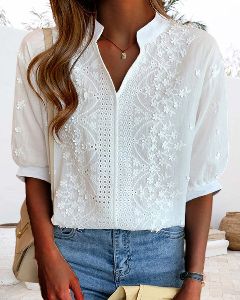 Women's Summer V Neck Puff Sleeve Blouse - Warm-Weather Essential