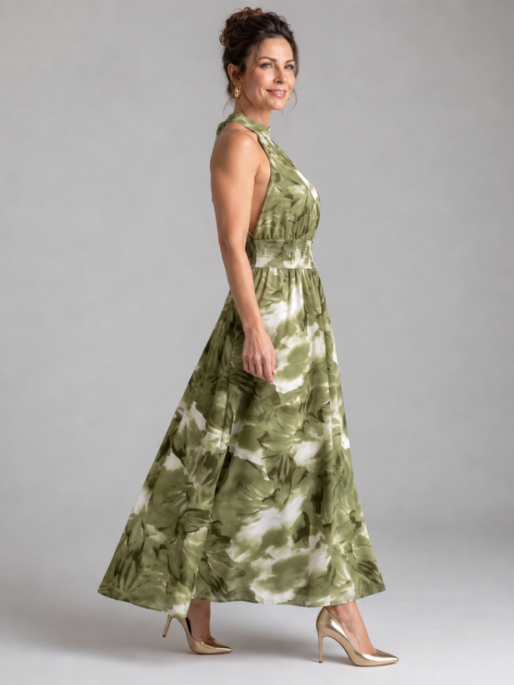 Women's Abstract Print Gathered Waist Midi Dress - Effortless Summer
