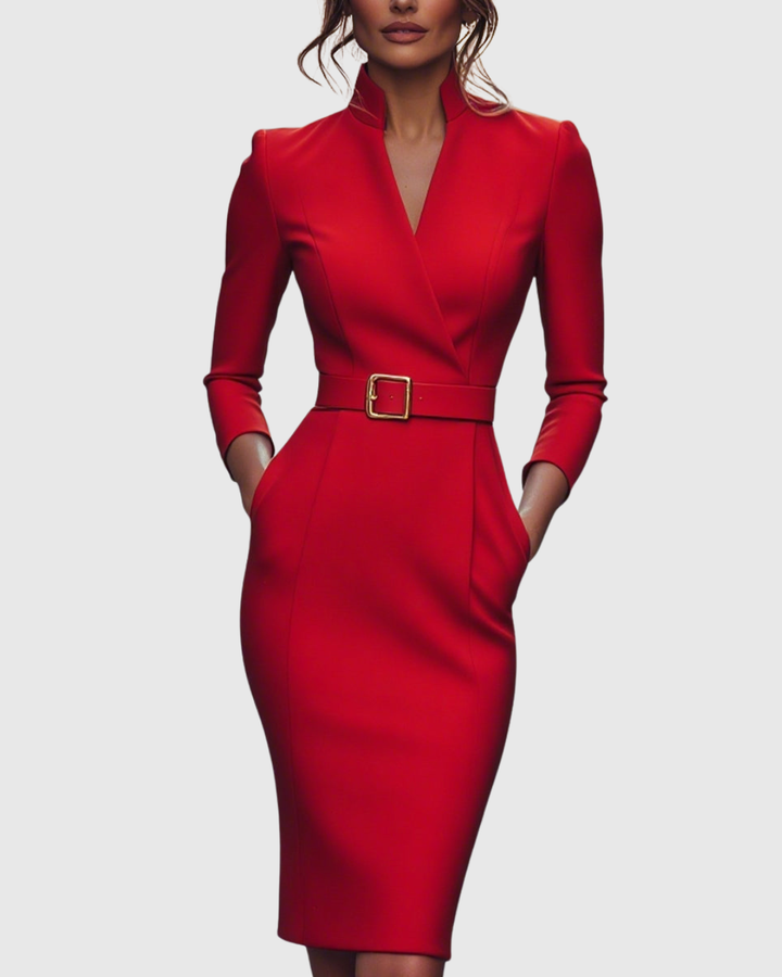 Women's Polyester Midi Dress - Mock Wrap & Belted Fit