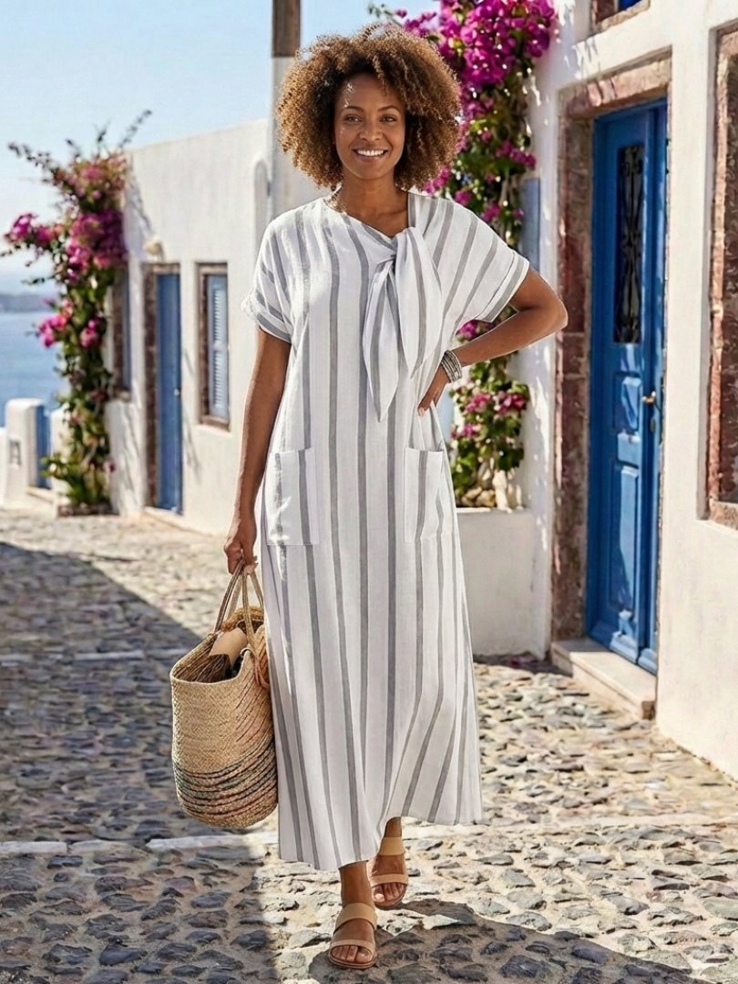 Women's Striped Tie Neck Pocket Midi Dress - Warm Weather