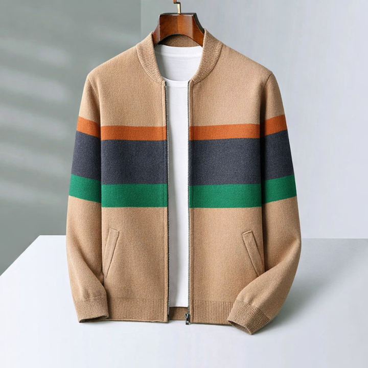 Men's Cashmere Bomber Jacket – Striped Full-Zip Knitted Layer