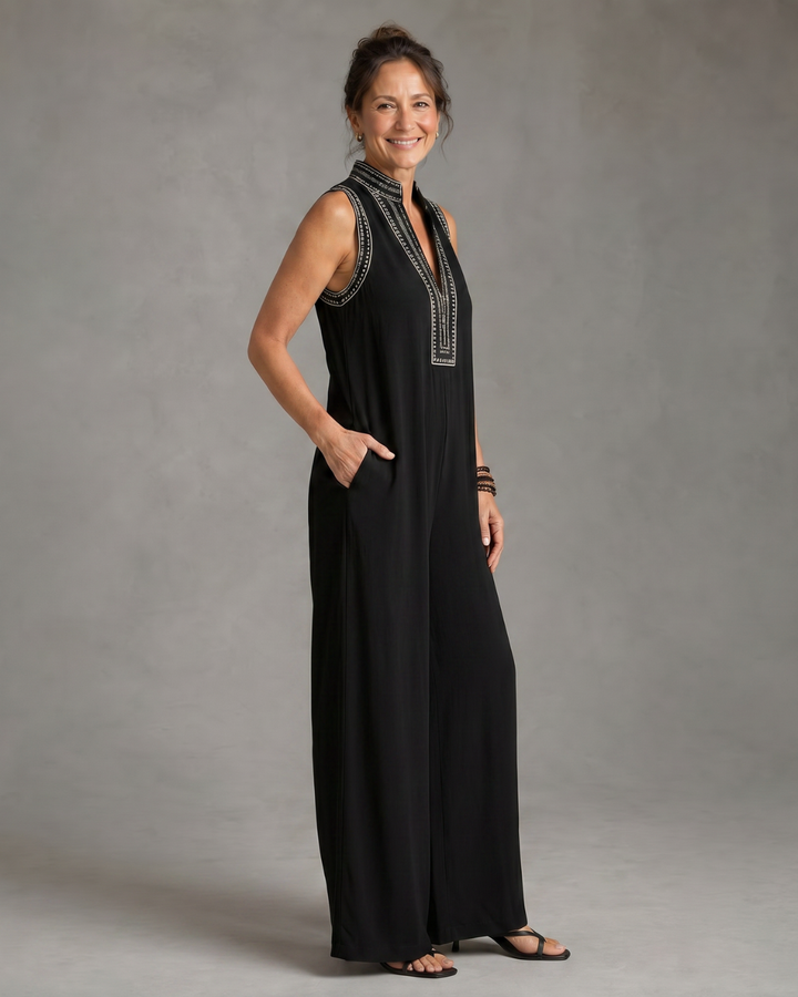 Women's Embroidered V-Neck Sleeveless Wide Leg Jumpsuit