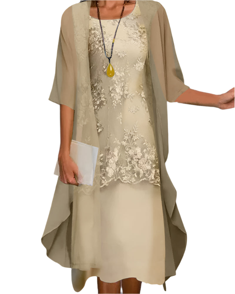 Caroline Women's Wedding Guest Dress - Sheer Sleeve Midi