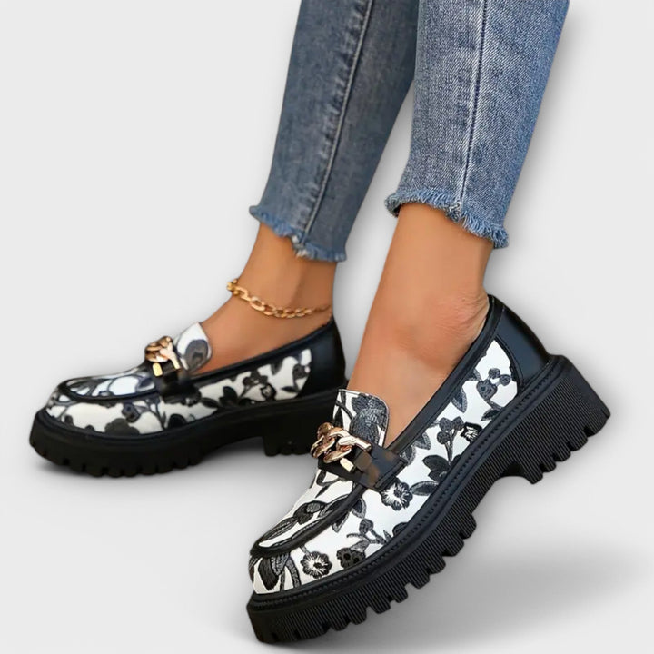 Women's Elegant Retro Loafers - Floral with Metallic Buckle