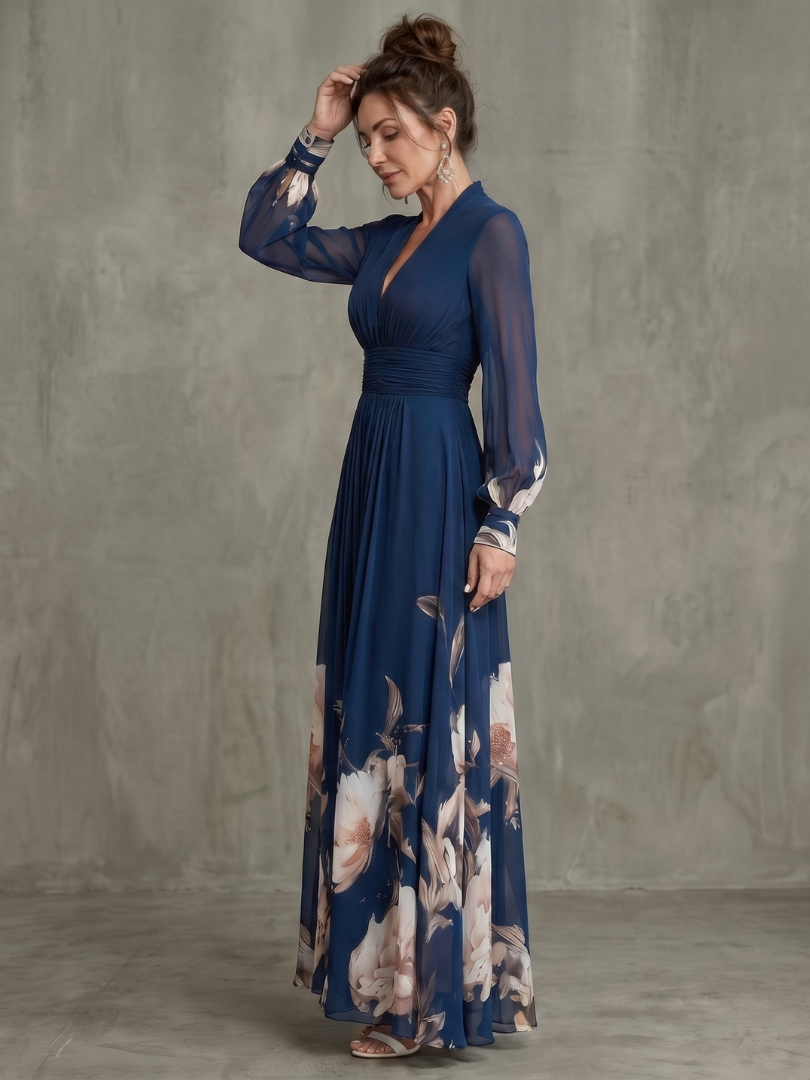 Women's Pleated Sheer Sleeves Maxi Dress - Flowing Silhouette