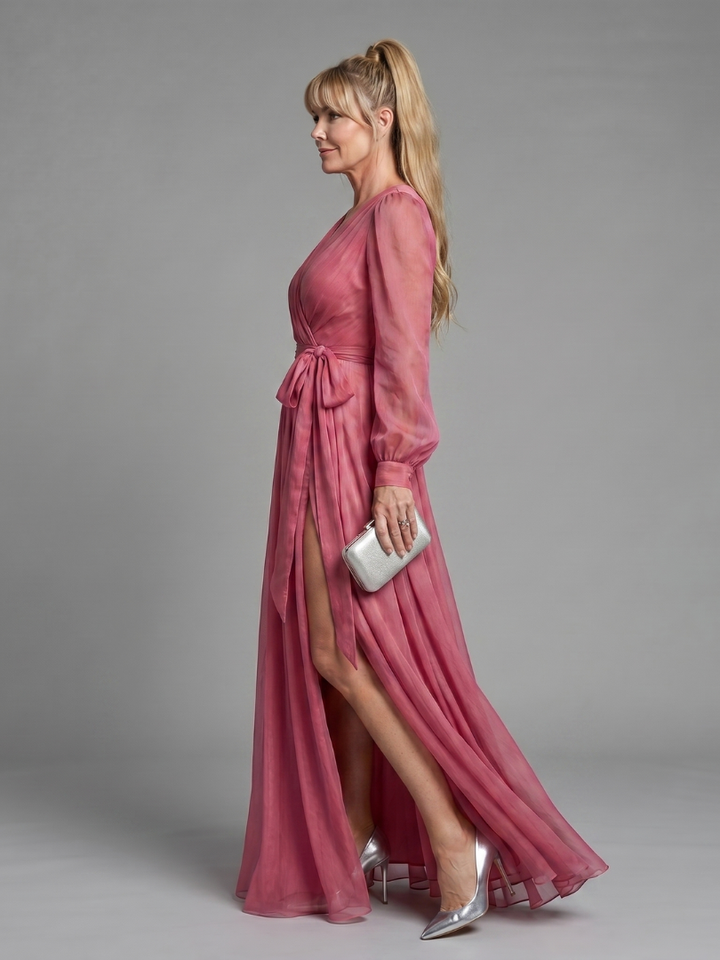 Women's Sheer Long Sleeve Wrap Maxi Dress - Flowing Silhouette