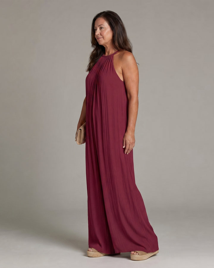 Women's Pleated Halter Neck Wide Leg Jumpsuit - Warm Weather Ease
