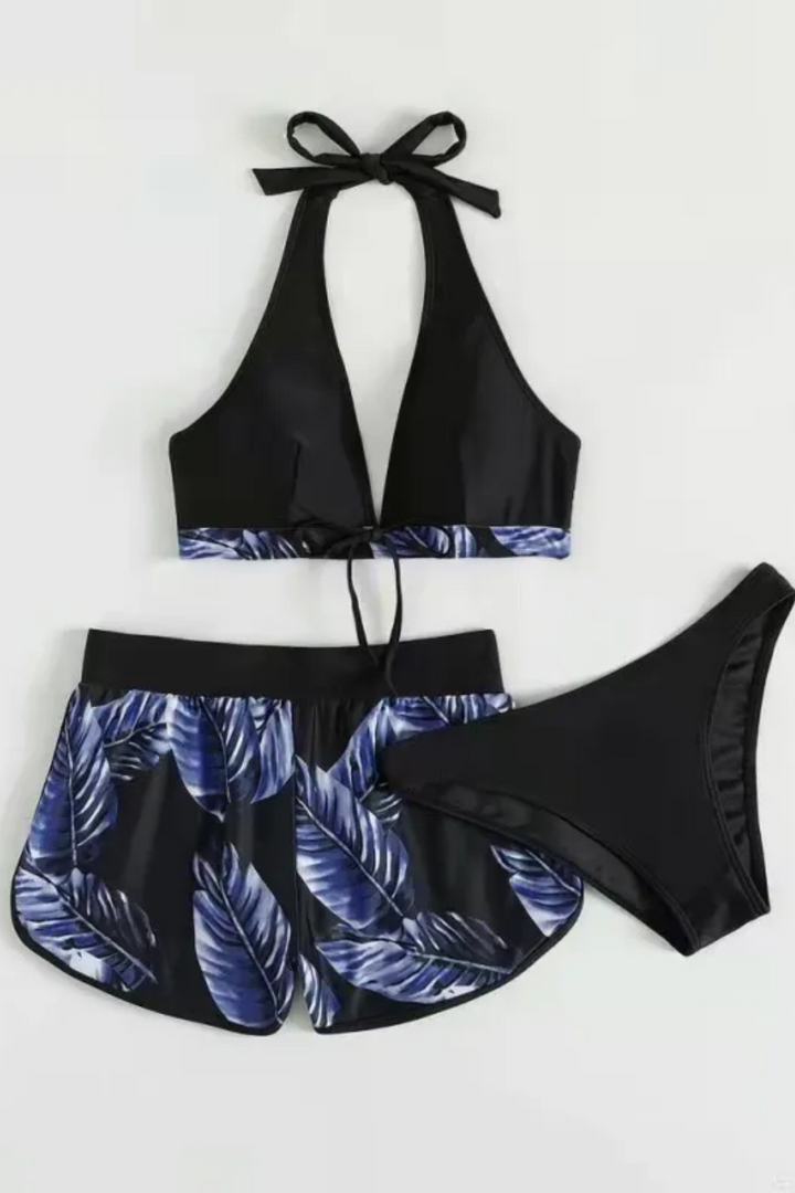 Women's Leaf Print 3-Piece Bikini Set - Versatile Beach Look