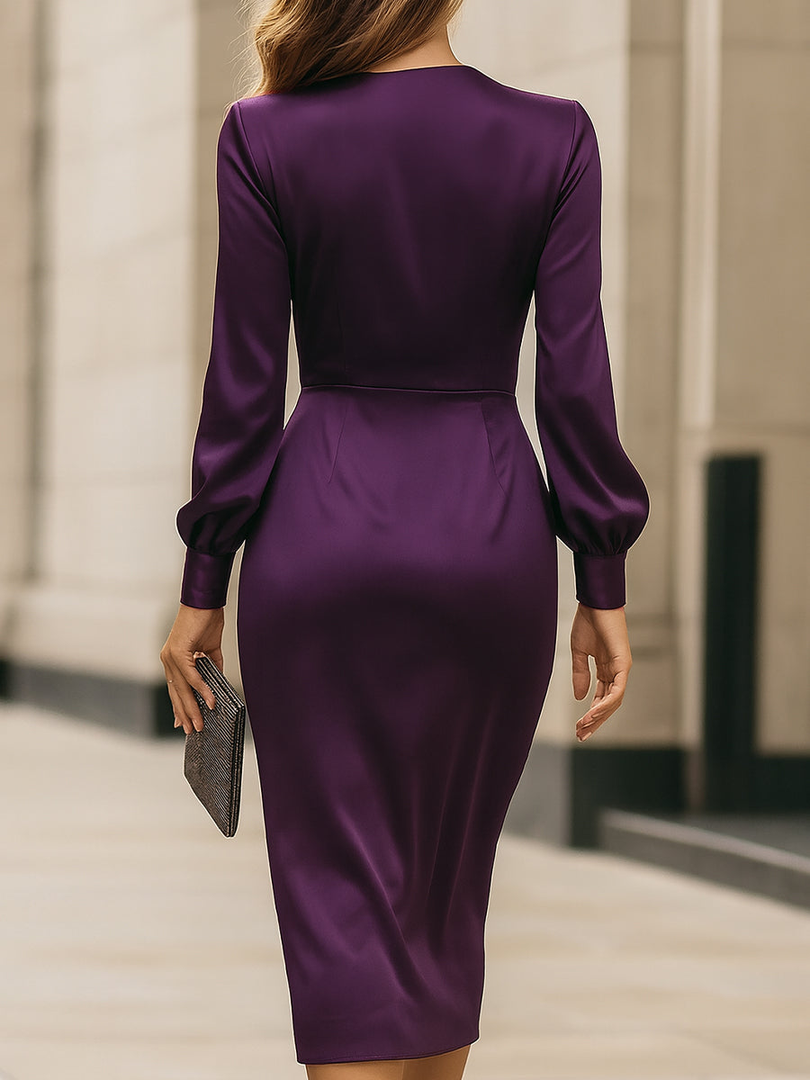 Women's Deep Plum Satin Wrap Midi Dress - Elegant Evening