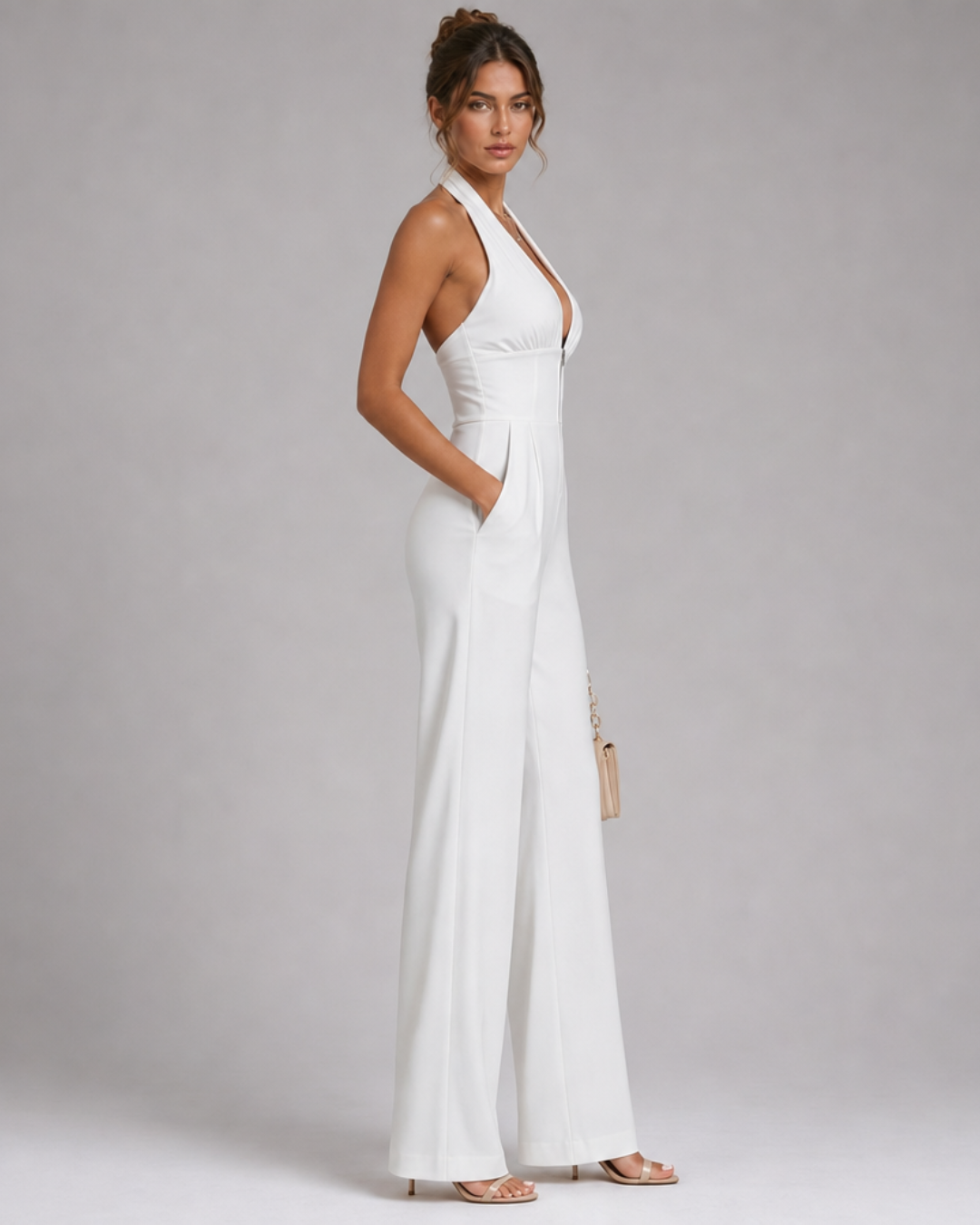 Women's Halter Neck Wide Leg Jumpsuit - Evening Wear
