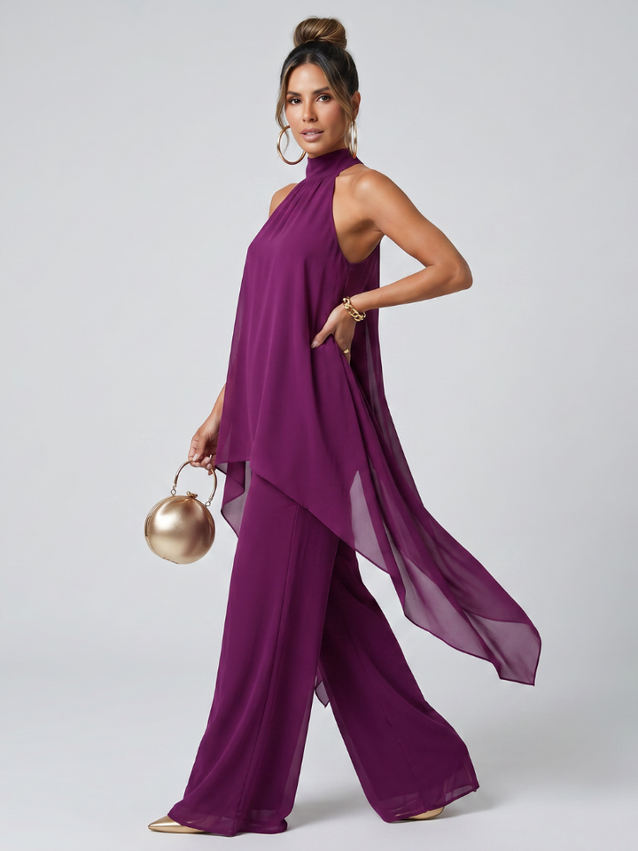 Women's Asymmetric Tunic Top and Wide Leg Pants Set - Effortless Style