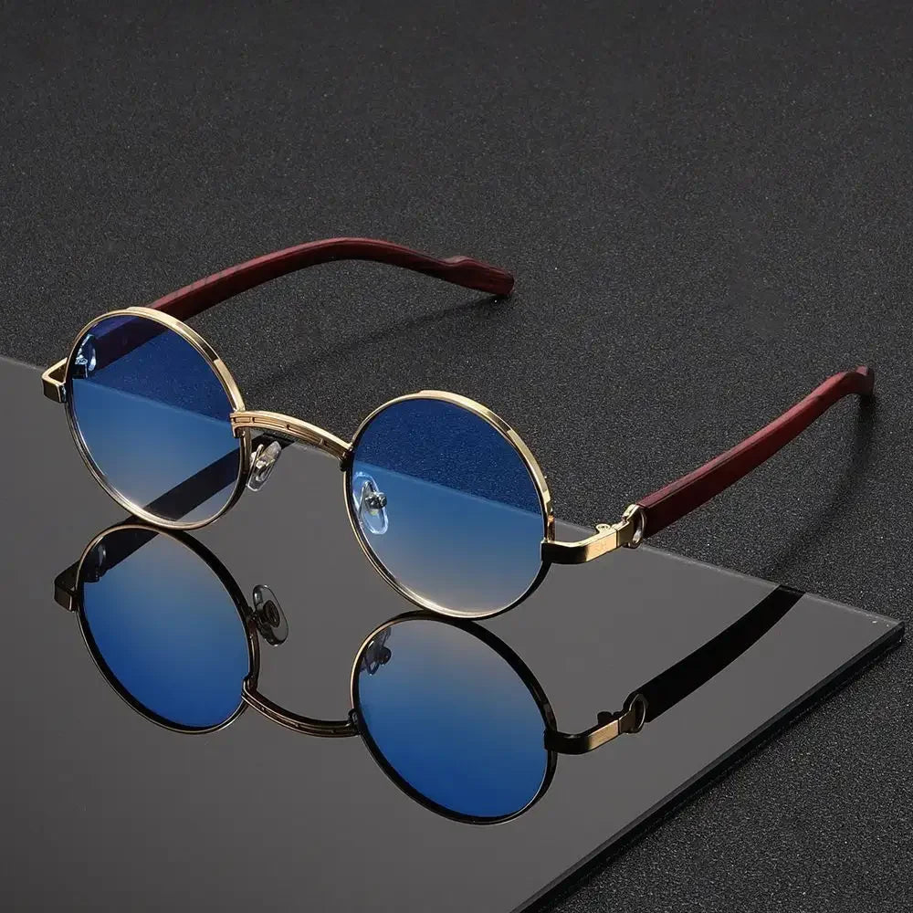 Men's Round Sunglasses - Metal Frame UV400 Wood-Grain