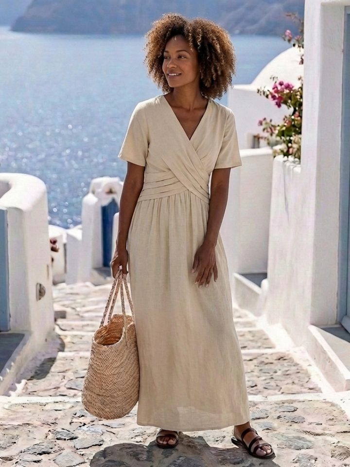 Women's V-Neck Short Sleeve Wrap Waist Midi Dress - Everyday Elegance