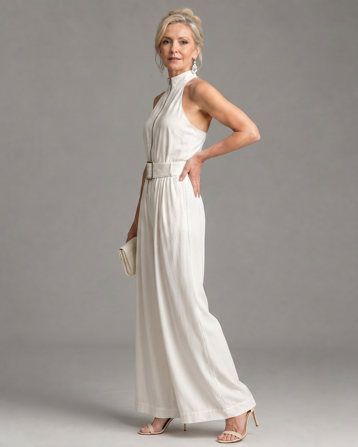 Women's Belted High Neck Wide Leg Jumpsuit - Effortless Evening Style