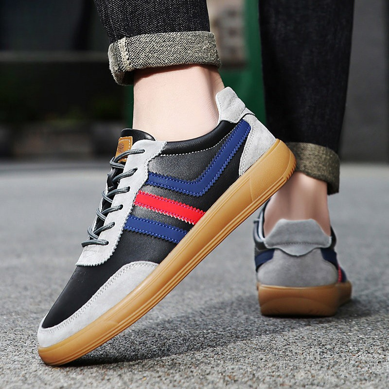 Men's Retro Leather Trainers - Suede Trim Court Sneakers