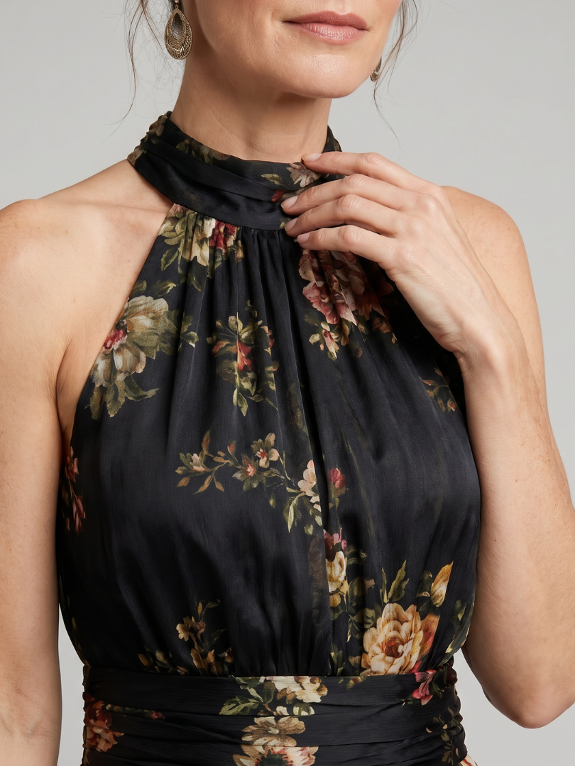 Women's Floral Halter Neck Midi Dress - Effortless Warm-Weather