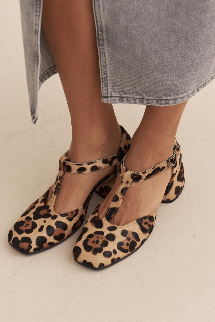 Women's Leopard T-Strap Block Heels - Playful Retro Comfort