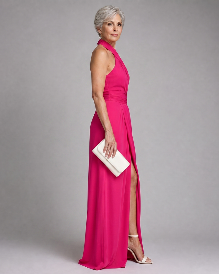 Women's Cross Halter Draped Side Slit Midi Dress - Elegant Evening