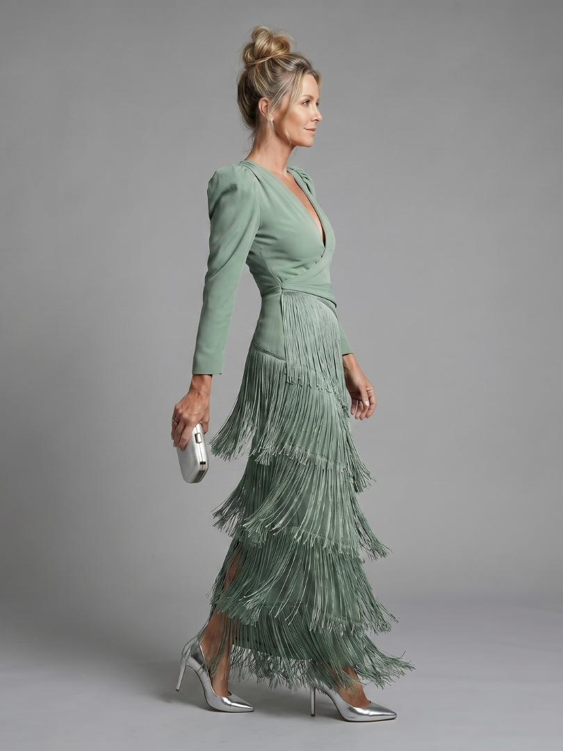Women's Long Sleeve Fringe Midi Dress - Effortless Elegance
