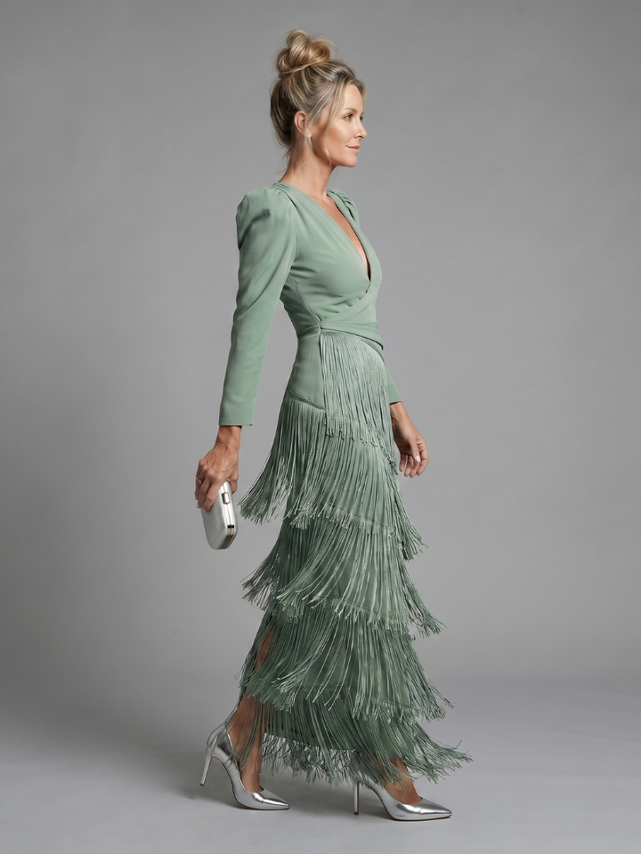 Women's Long Sleeve Fringe Midi Dress - Effortless Elegance