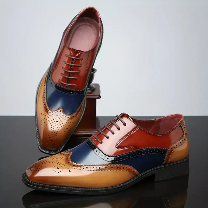 Men's Tricolor Leather Wingtip Dress Shoes - Classic Brogue Detailing