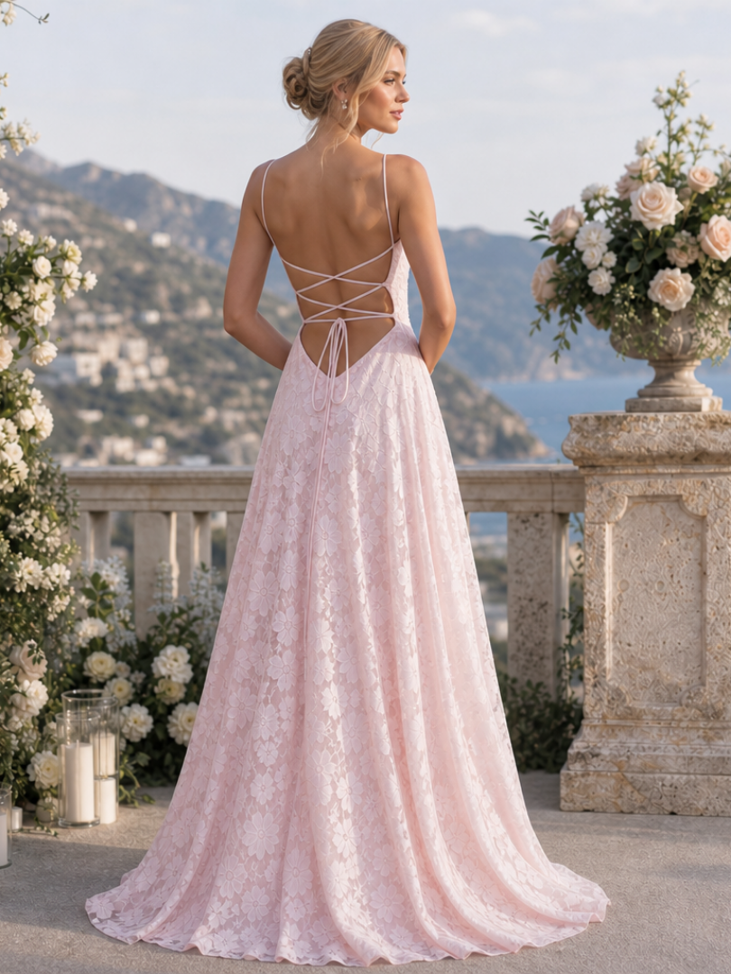 Women's Lace Spaghetti Strap Maxi Dress - Elegant Evening Fit