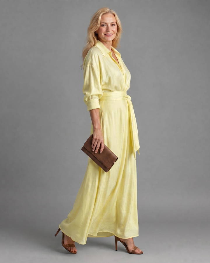 Women's Belted Collared Flowing Midi Dress - Everyday Elegance