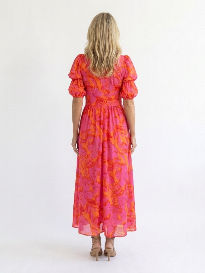 Women's Floral V-Neck Puff Sleeve Midi Dress - Warm Weather Essential