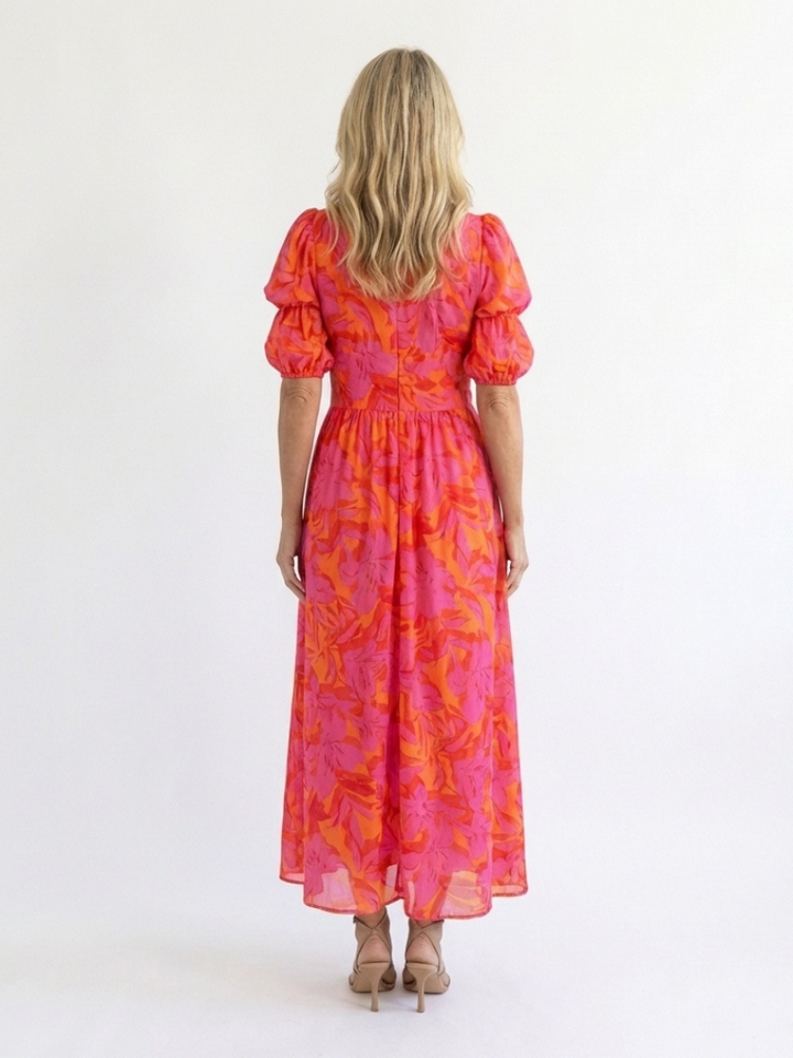 Women's Floral V-Neck Puff Sleeve Midi Dress - Warm Weather Essential