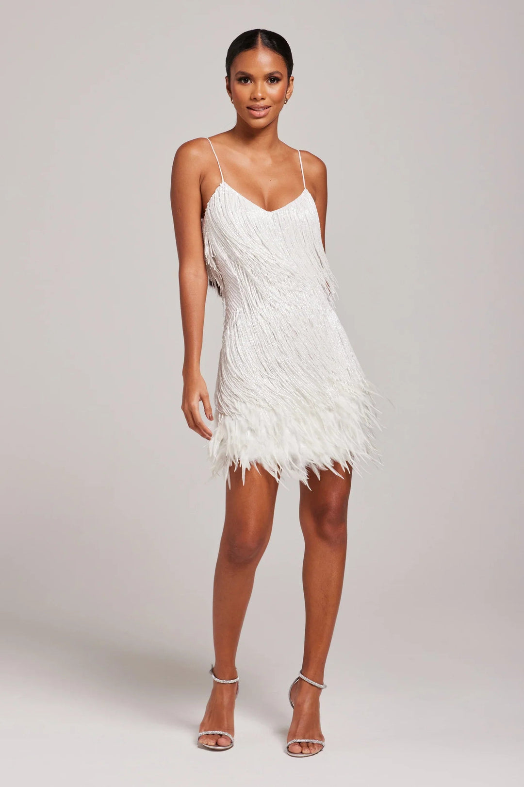 Women's Modern Feathered Party Dress - Beaded Fringe Glamour