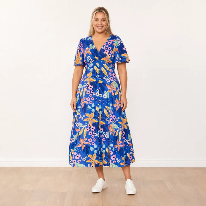 Women's Navy Floral Dress – Whitney Flattering Occasion Style – view 4