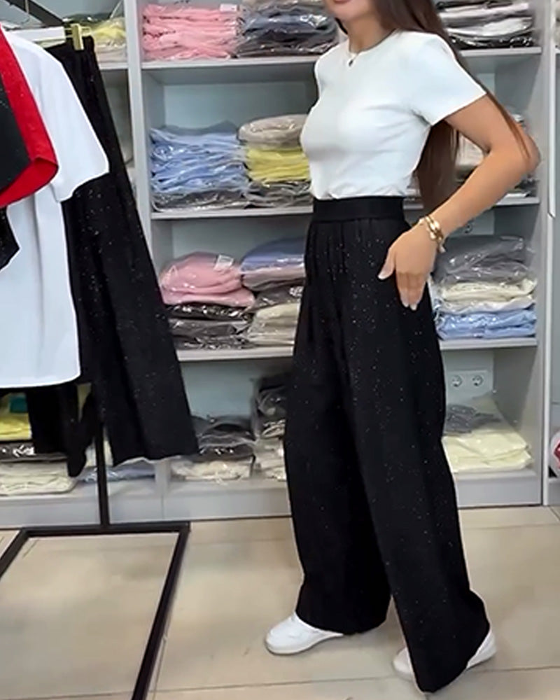 Women's Cotton Blend High Waist Sequined Wide Leg Pants