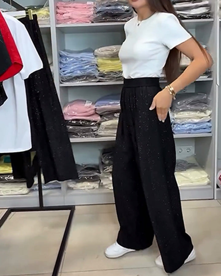Women's Cotton Blend High Waist Sequined Wide Leg Pants