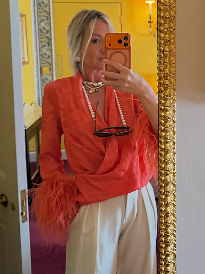 Jacquard Tassel V-Neck Top + Trousers Set