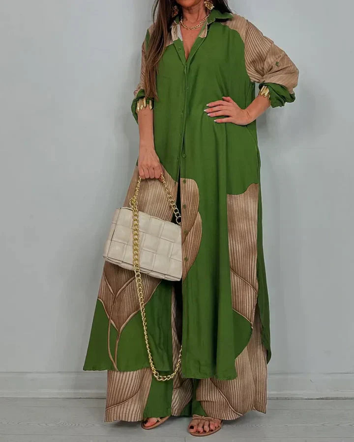 Women's Patchwork Print Top & Wide Leg Pants Set - Effortless Summer